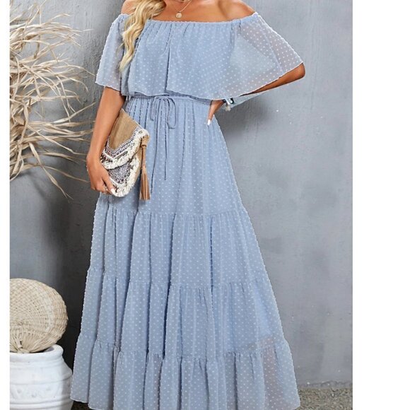 Sky Blue Off Shoulder Ruffle Maxi Dress Size Medium - Picture 12 of 12